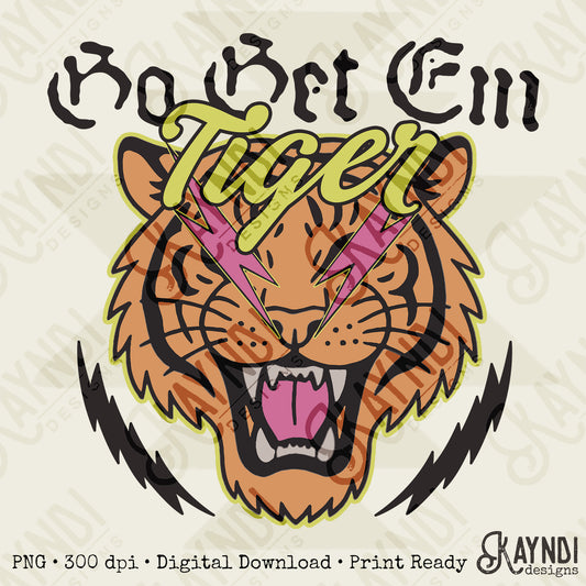 Go Get Em Tiger Sublimation Design PNG Digital Download Pink Lightning