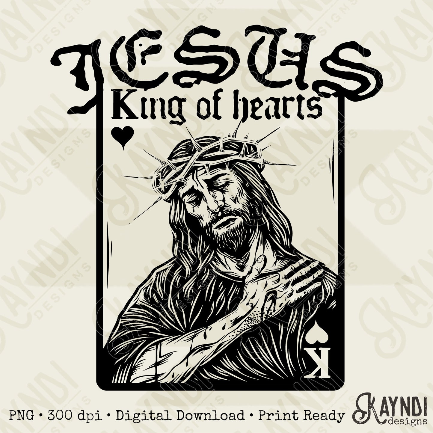 Jesus King of Hearts Dark Sublimation Design PNG Digital Download Faith Card