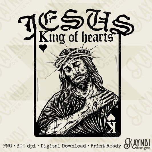Jesus King of Hearts Dark Sublimation Design PNG Digital Download Faith Card