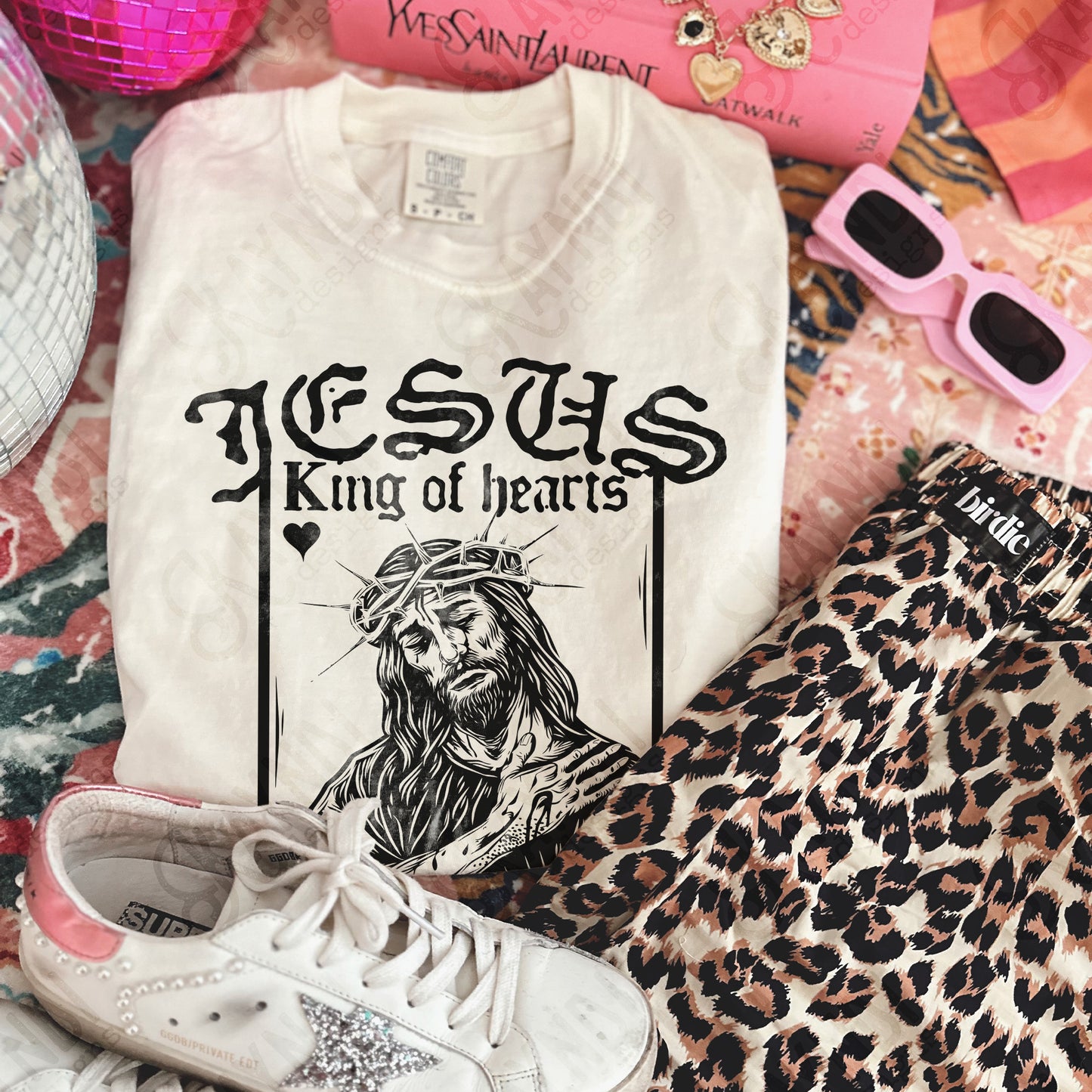 Jesus King of Hearts Dark Sublimation Design PNG Digital Download Faith Card