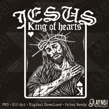 Jesus King of Hearts Light Sublimation Design PNG Digital Download Faith Card White
