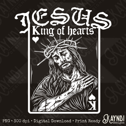 Jesus King of Hearts Light Sublimation Design PNG Digital Download Faith Card White