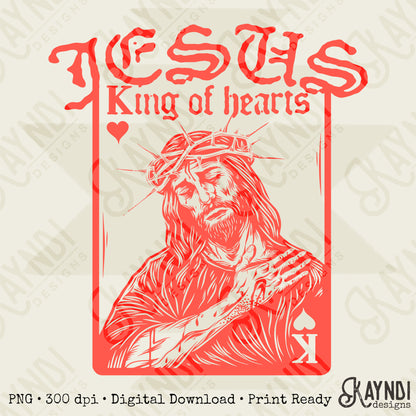 Jesus King of Hearts Red Sublimation Design PNG Digital Download Faith Card