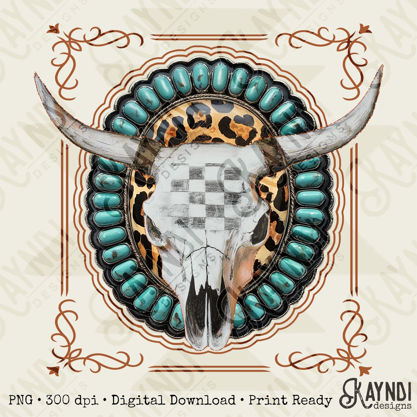 Steer Skull Sublimation Design PNG Digital Download Turquoise Concho