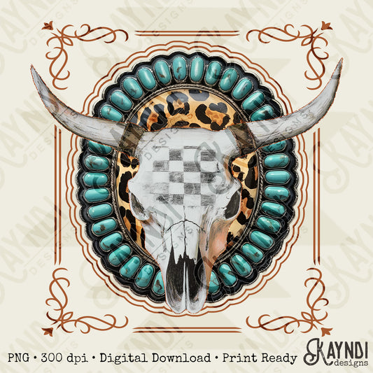 Steer Skull Sublimation Design PNG Digital Download Turquoise Concho