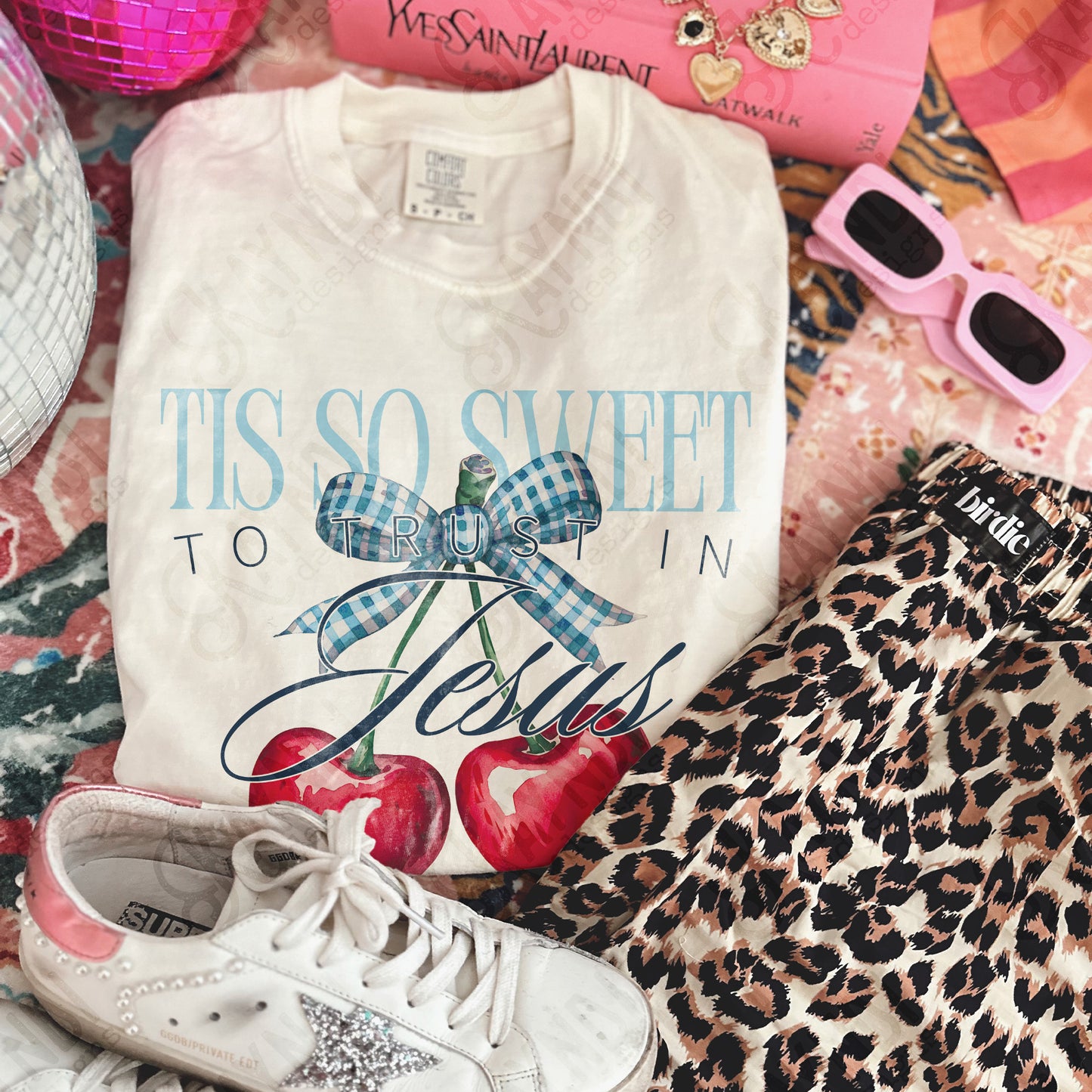 Tis So Sweet to Trust in Jesus Sublimation Design PNG Digital Download Faith Cherries Bow