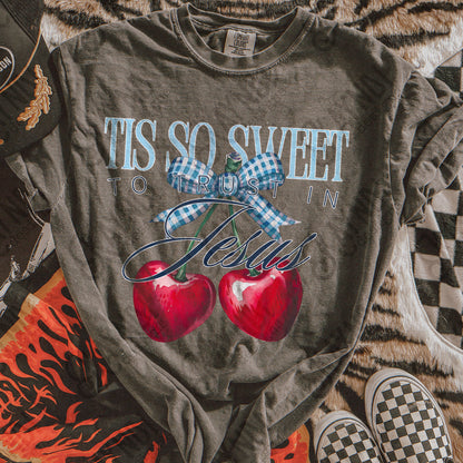Tis So Sweet to Trust in Jesus Sublimation Design PNG Digital Download Faith Cherries Bow