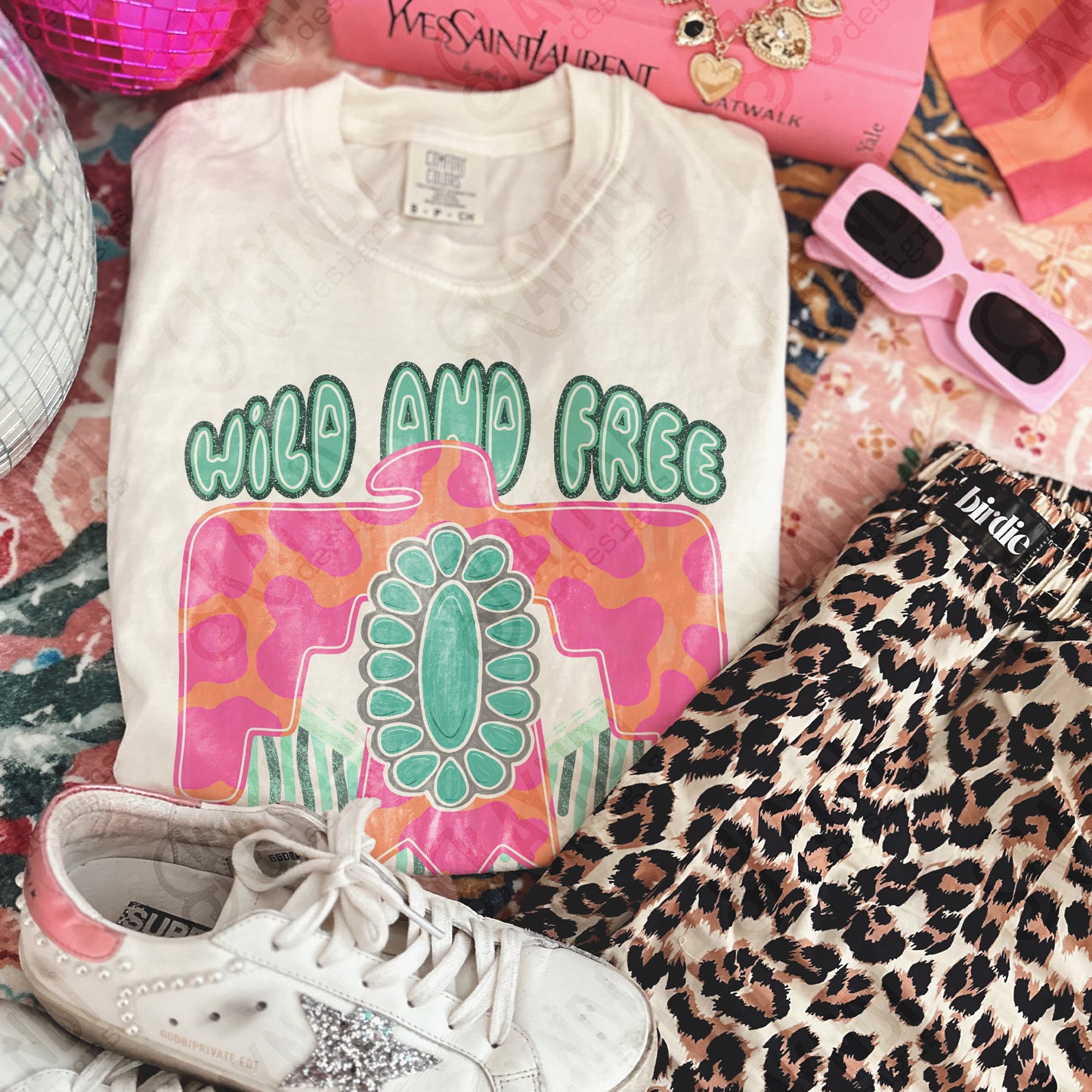 Wild and Free Sublimation Design PNG Digital Download Eagle Turquoise Pink
