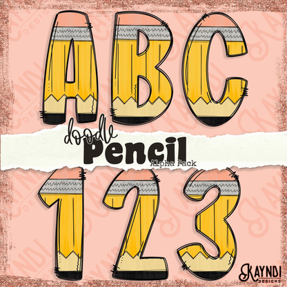 Doodle Alpha Pencil Sublimation Design PNG Digital Download Printable School