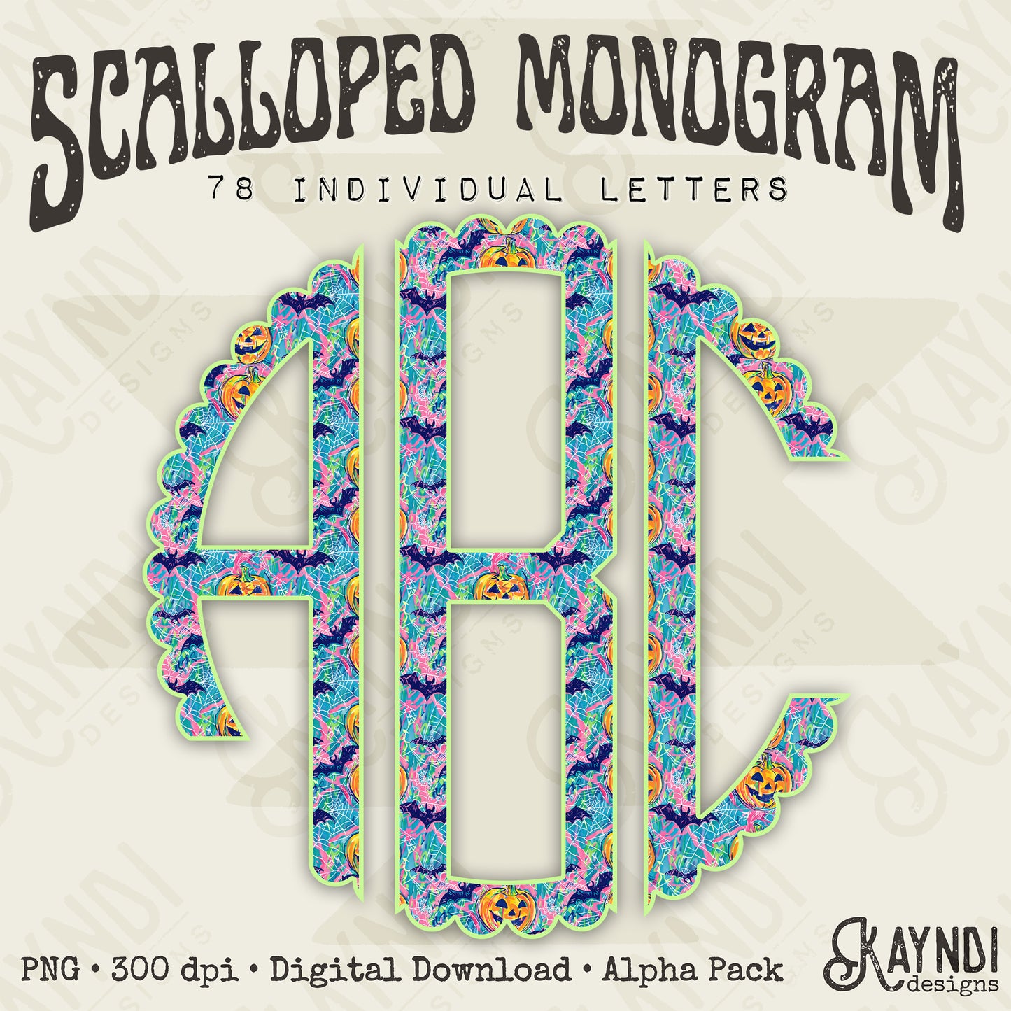 Preppy Jackolantern Scalloped Monogram Set Sublimation Design PNG Digital Download Printable Cute Pumpkins Bats Spiderwebs
