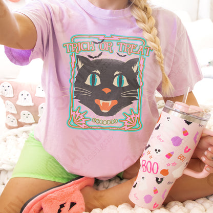 Trick or Treat Black Cat Design PNG Digital Download Printable Halloween 70s Design Grunge Rock Band Coquette Bow Disco Pumpkin Ghosts