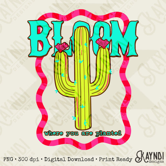 Bloom Where you are Planted PNG Digital Download Sublimation DTF Print Cactus Neon