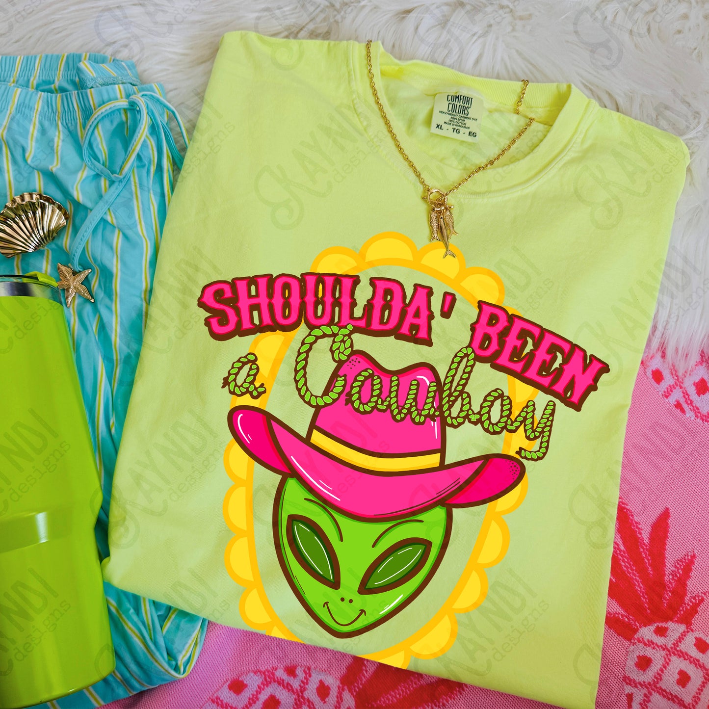 Shoulda Been a Cowboy PNG Digital Download Sublimation DTF Print Alien Scalloped Neon