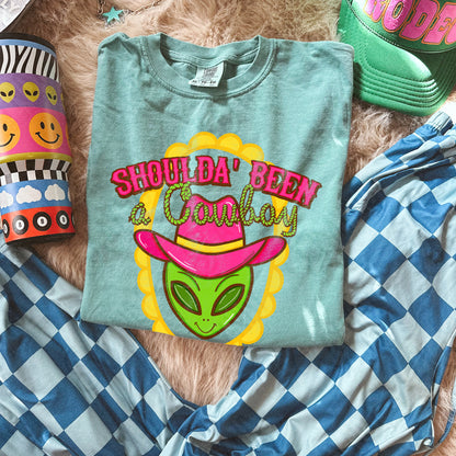 Shoulda Been a Cowboy PNG Digital Download Sublimation DTF Print Alien Scalloped Neon