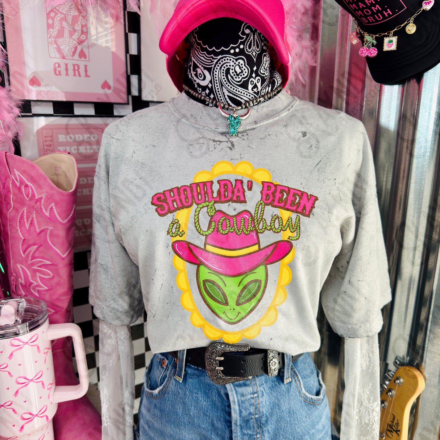 Shoulda Been a Cowboy PNG Digital Download Sublimation DTF Print Alien Scalloped Neon