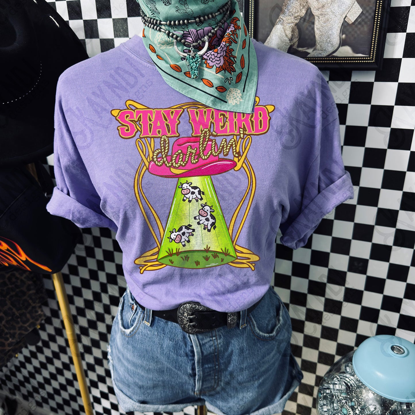 Stay Weird Darlin' PNG Digital Download Sublimation DTF Print Aliens UFO Western