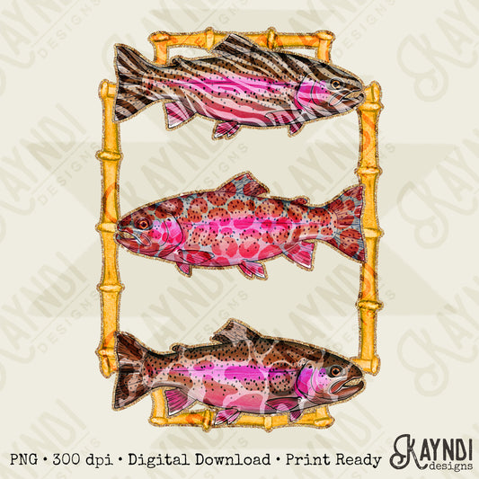 Zebra Leopard Camo Glitter Bamboo Trout Fish PNG Digital Download Sublimation DTF Print Preppy