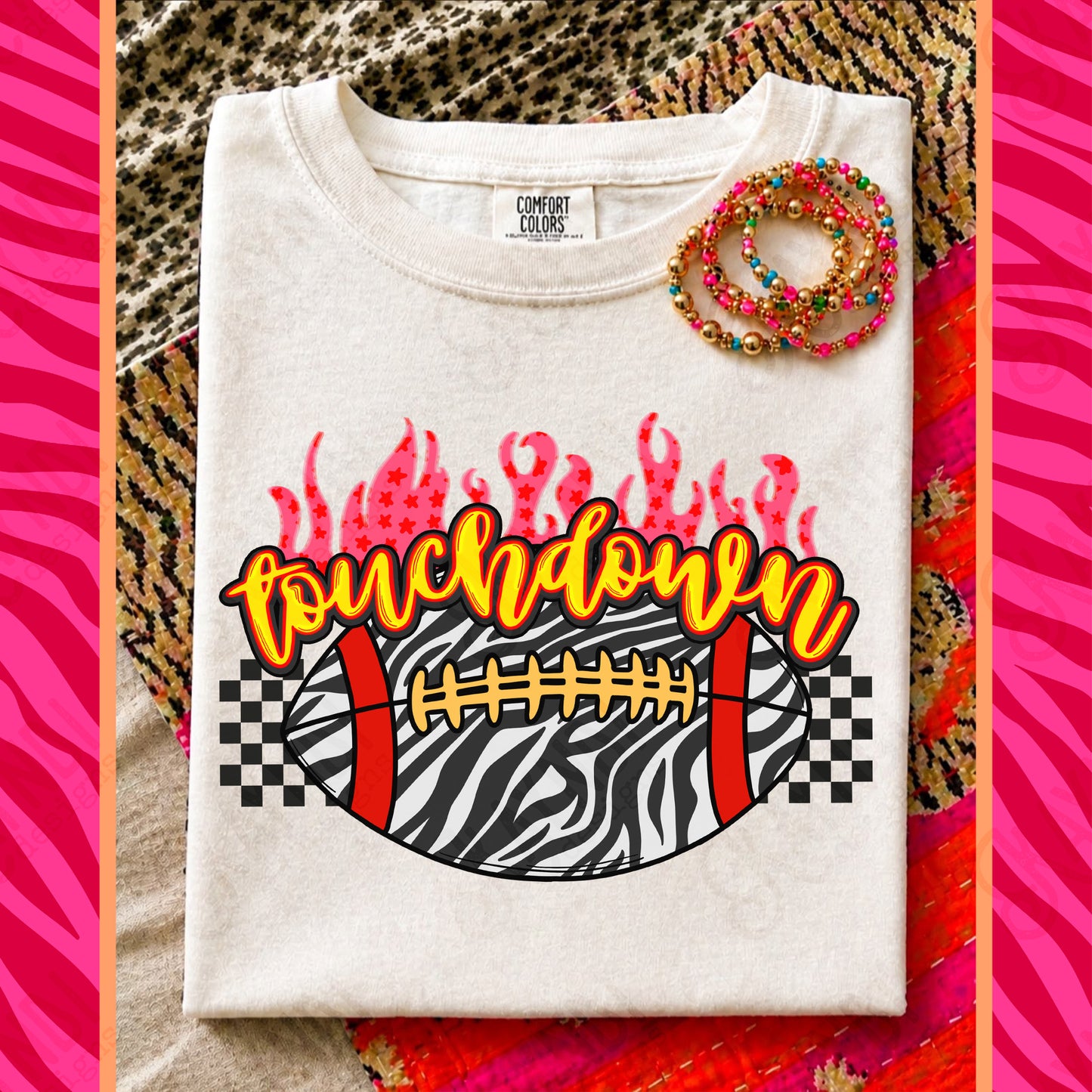 Touchdown PNG Digital Download Sublimation DTF Print Zebra Checker Flames Football