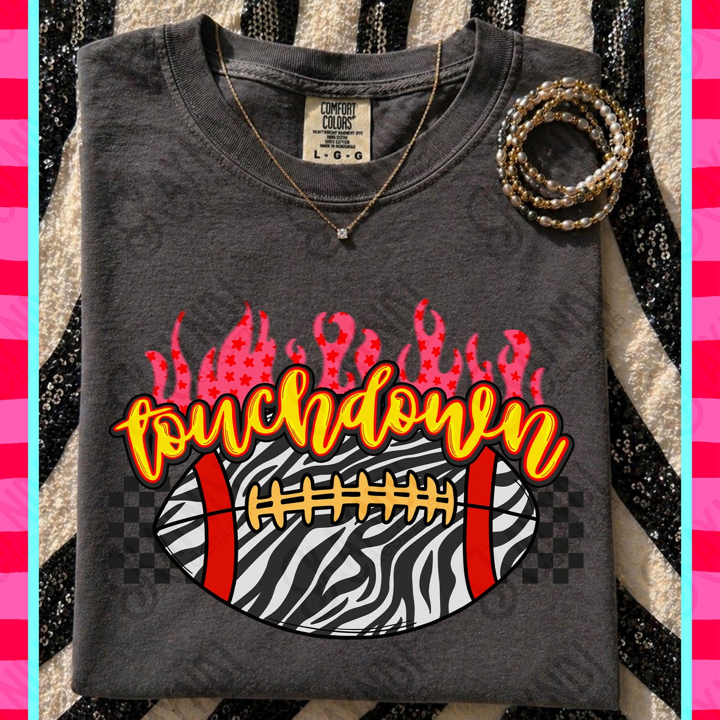 Touchdown PNG Digital Download Sublimation DTF Print Zebra Checker Flames Football