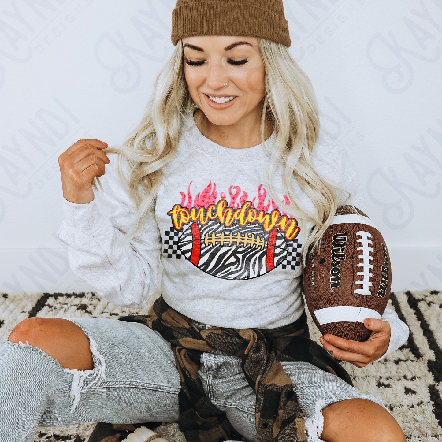 Touchdown PNG Digital Download Sublimation DTF Print Zebra Checker Flames Football