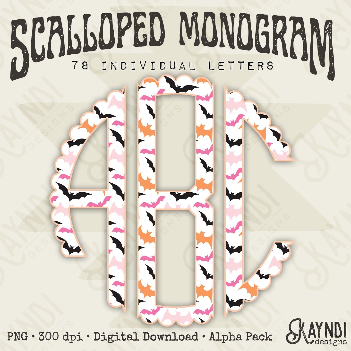 Bat Crazy Preppy Scalloped Halloween Monogram Set Sublimation Design PNG Digital Download Printable