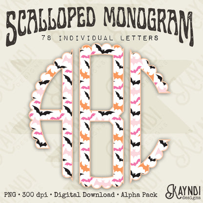 Bat Crazy Preppy Scalloped Halloween Monogram Set Sublimation Design PNG Digital Download Printable