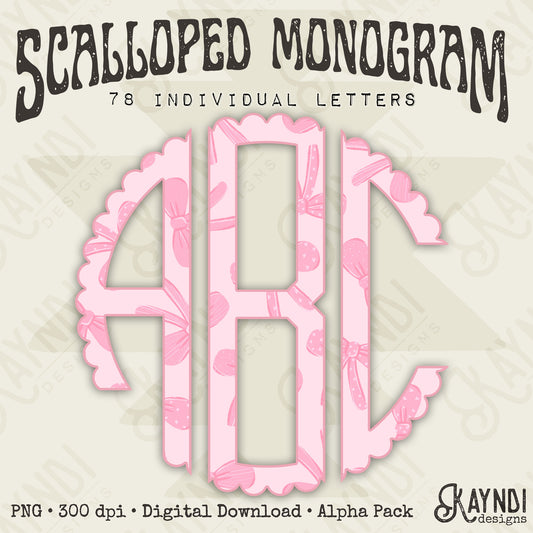Coquette Charm Scalloped Monogram Set Sublimation Design PNG Digital Download Printable