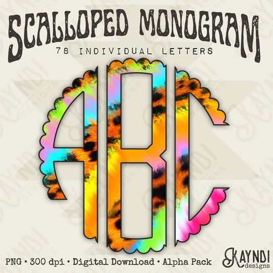 Electric Cheetah Scalloped Monogram Set Sublimation Design PNG Digital Download Printable