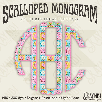 Granny's Flower Patch Scalloped Monogram Set Sublimation Design PNG Digital Download Printable Crochet Knit Floral