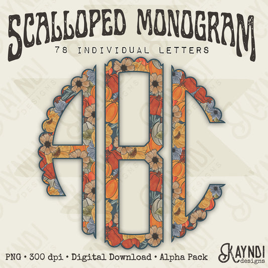 Harvest Blooms Scalloped Monogram Set Sublimation Design PNG Digital Download Printable