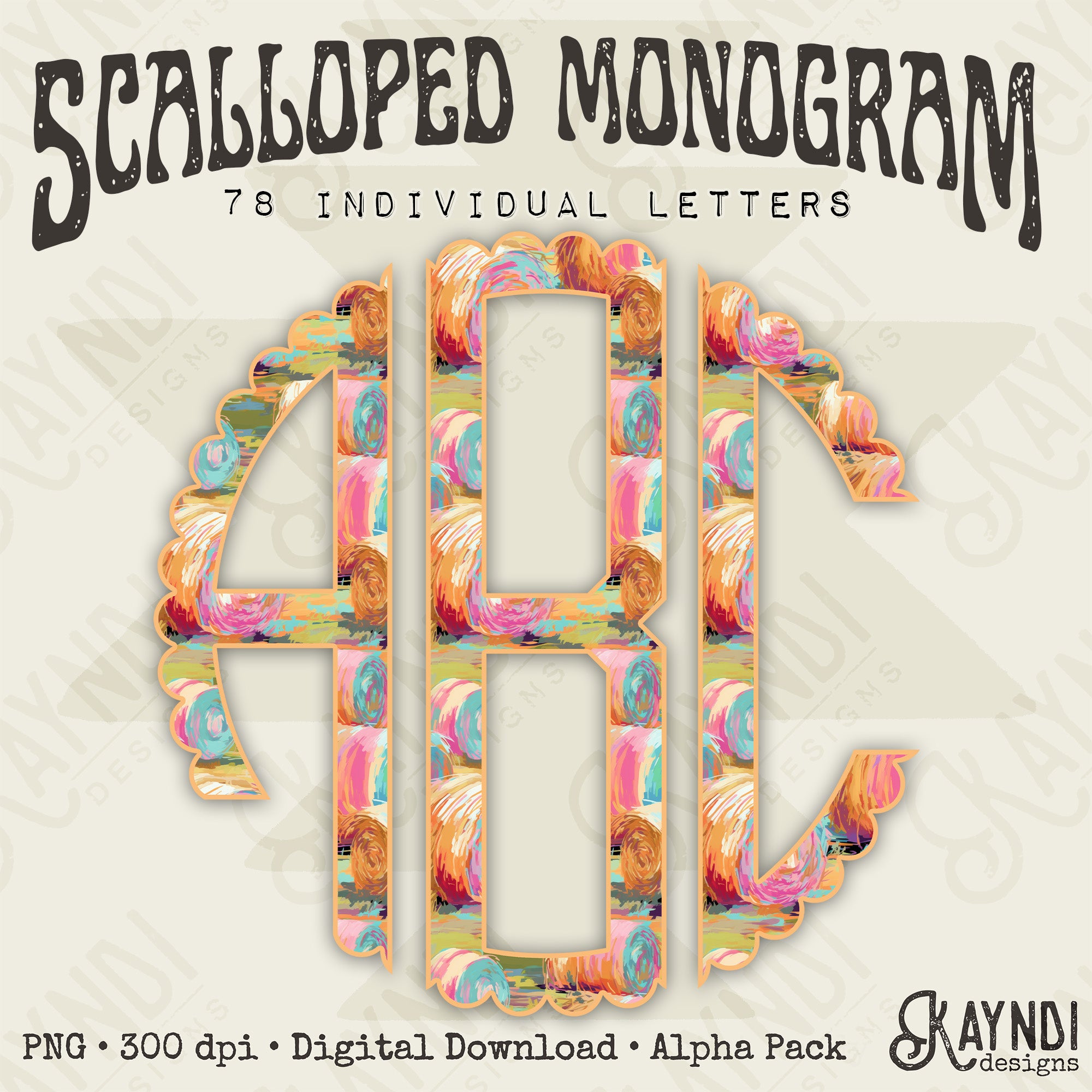 Haybee Monogram Hay Bale Hues Scalloped Monogram Set Sublimation Design PNG Digital Do ...