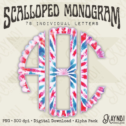 Patriotic Swirl Tie-Dye Scalloped Monogram Set Sublimation Design PNG Digital Download Printable