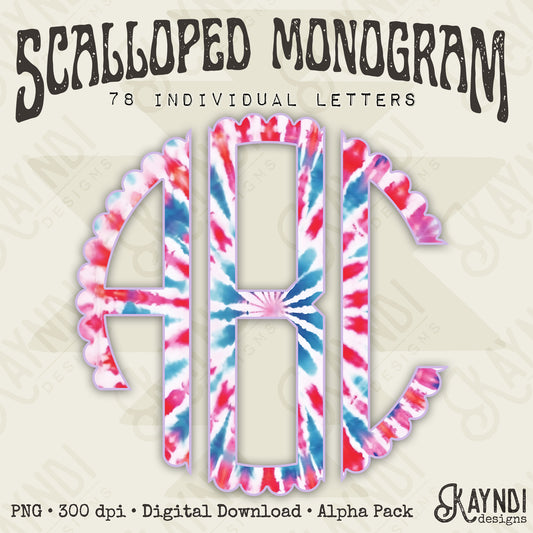 Patriotic Swirl Tie-Dye Scalloped Monogram Set Sublimation Design PNG Digital Download Printable