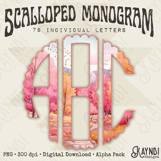 Pink Autumn Breeze Scalloped Monogram Set Sublimation Design PNG Digital Download Printable
