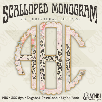 Rustic Chic Scalloped Monogram Set Sublimation Design PNG Digital Download Printable