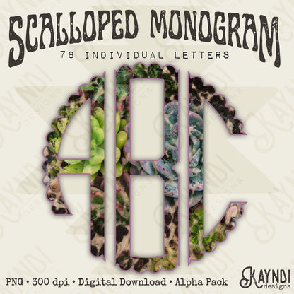 Succulent Spots Scalloped Monogram Set Sublimation Design PNG Digital Download Printable