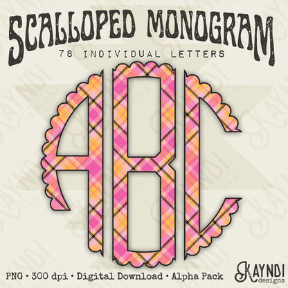 Tartan SpiceScalloped Monogram Set Sublimation Design PNG Digital Download Printable Pink & Orange Plaid