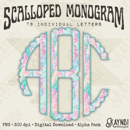 Tinsel Trees Scalloped Monogram Set Sublimation Design PNG Digital Download Printable Pastel Tree