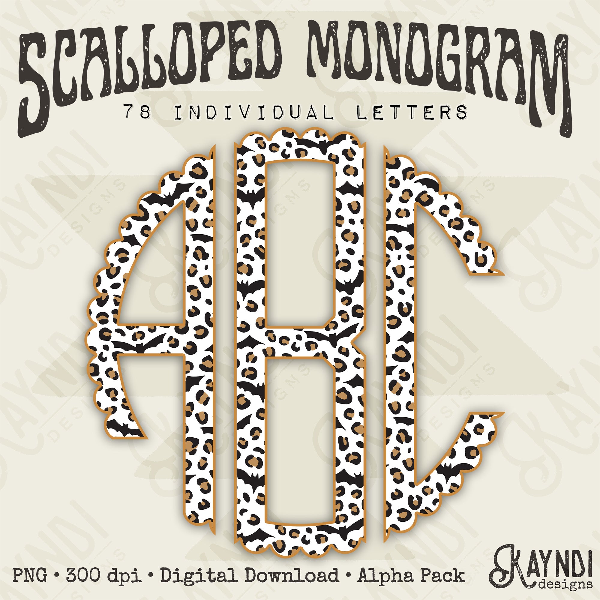 Wild and Batty Scalloped Monogram Set Sublimation Design PNG Digital D ...