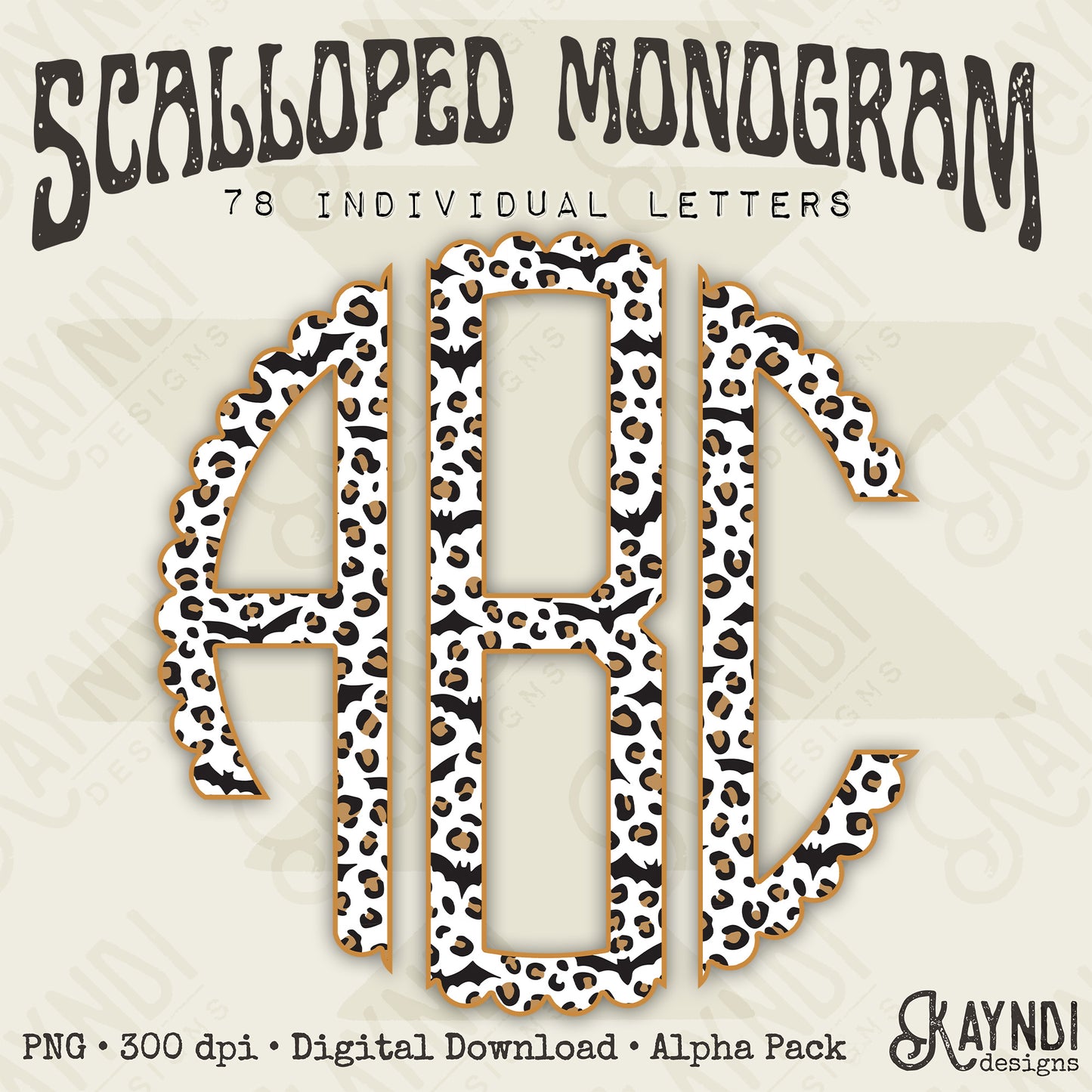 Wild and Batty Scalloped Monogram Set Sublimation Design PNG Digital Download Printable Leopard Bats