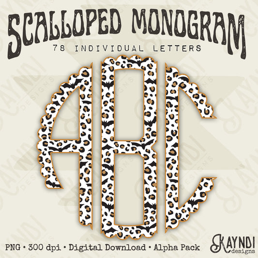 Wild and Batty Scalloped Monogram Set Sublimation Design PNG Digital Download Printable Leopard Bats