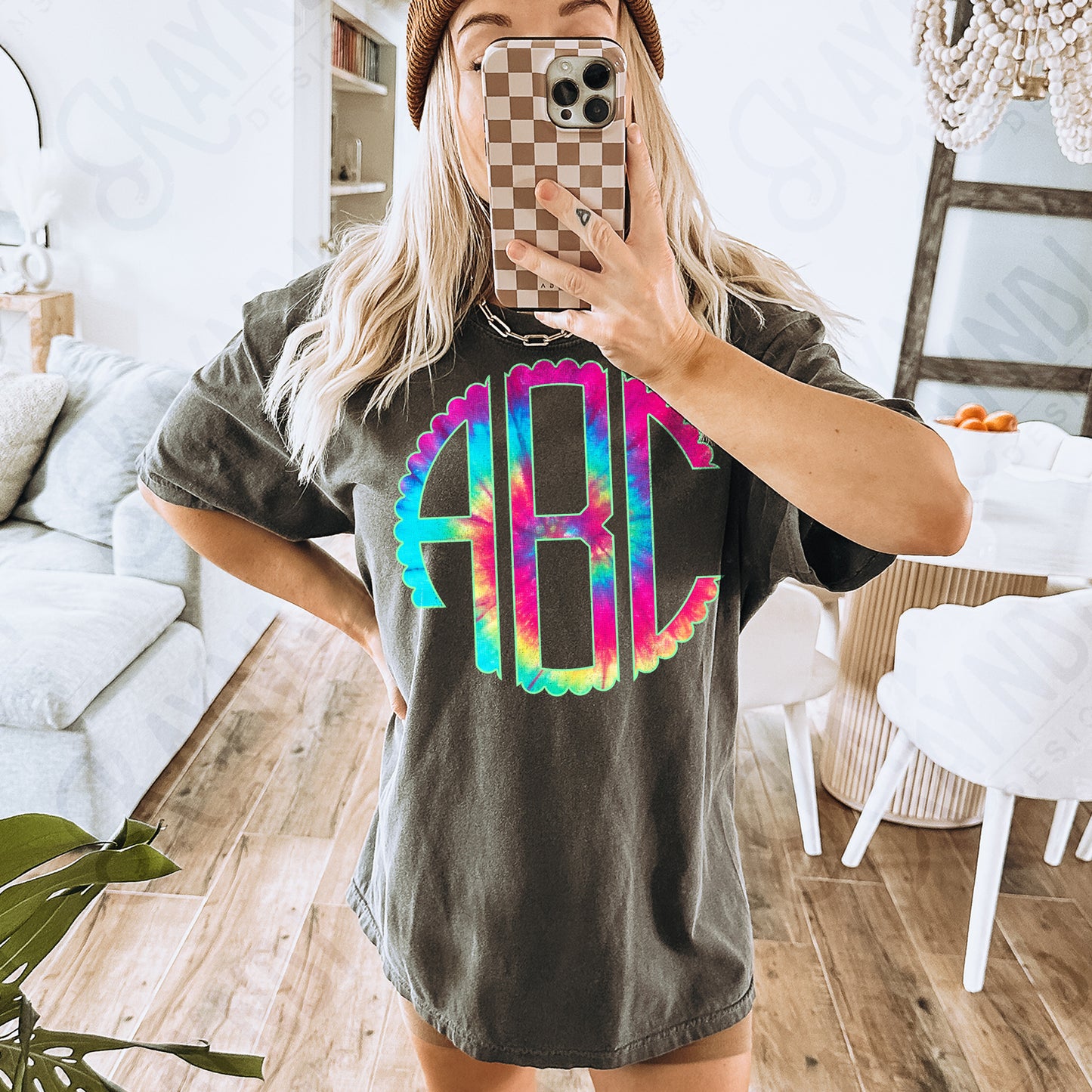Electric Sunset Tie-Dye Scalloped Monogram Set Sublimation Design PNG Digital Download Printable