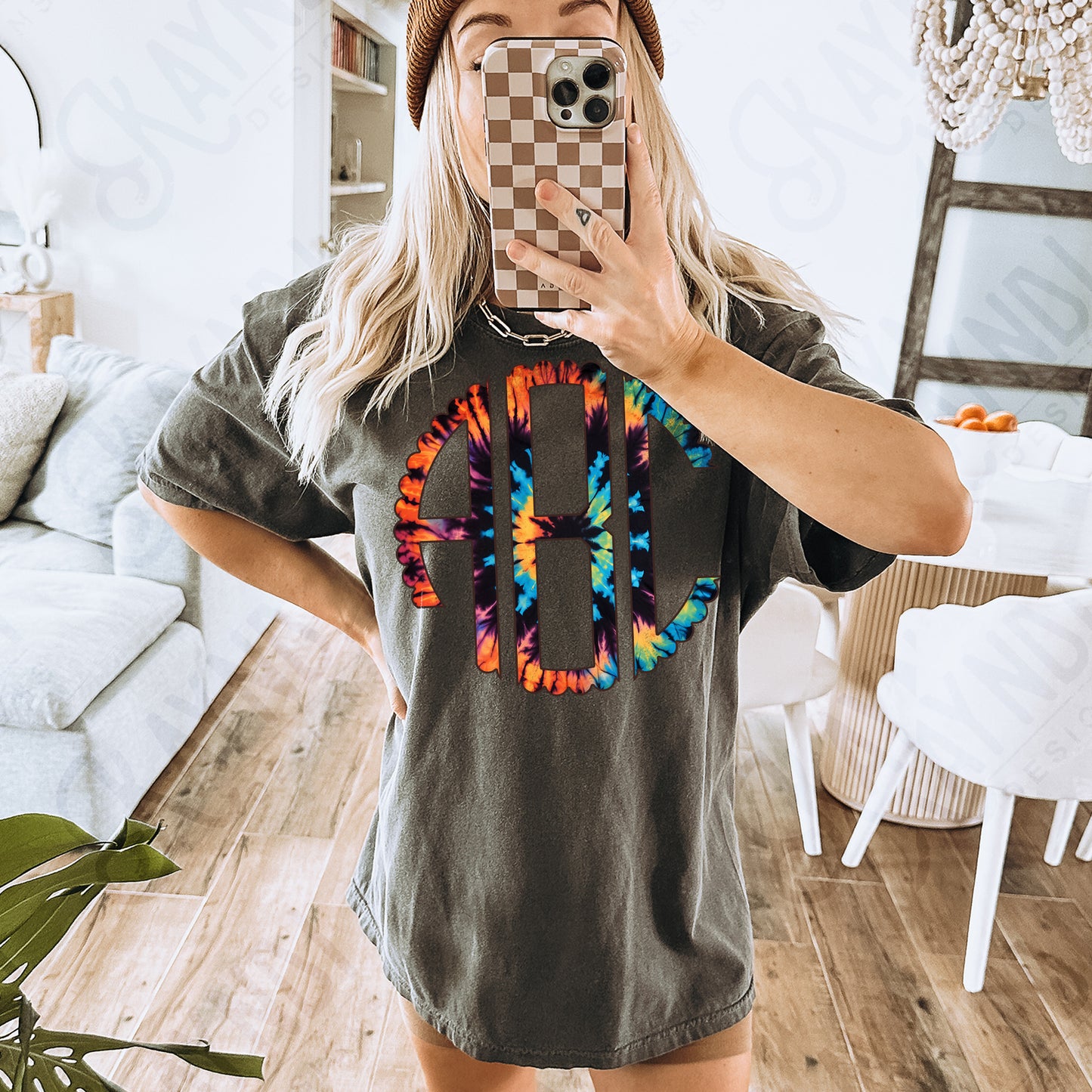 Midnight Blaze Tie-Dye Scalloped Monogram Set Sublimation Design PNG Digital Download Printable