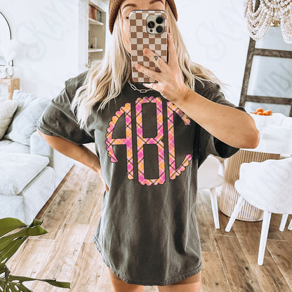 Tartan SpiceScalloped Monogram Set Sublimation Design PNG Digital Download Printable Pink & Orange Plaid