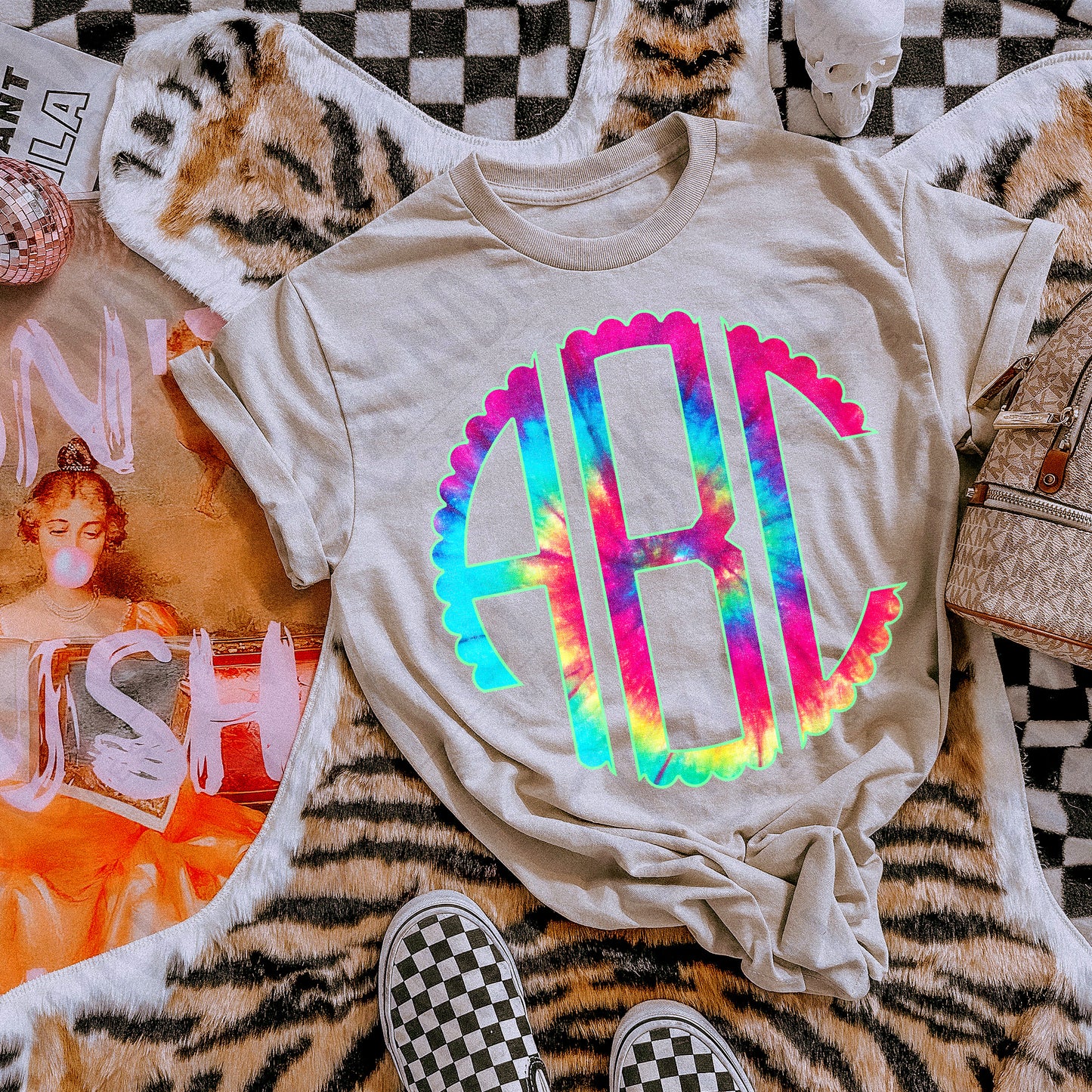 Electric Sunset Tie-Dye Scalloped Monogram Set Sublimation Design PNG Digital Download Printable