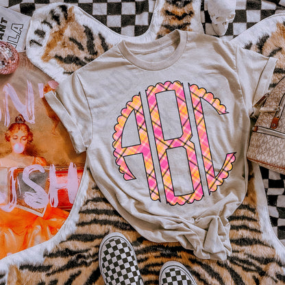 Tartan SpiceScalloped Monogram Set Sublimation Design PNG Digital Download Printable Pink & Orange Plaid