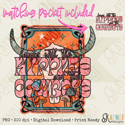Hippies and Cowboys Sublimation Design PNG Digital Download Printable Western Bull Skull Pocket Design