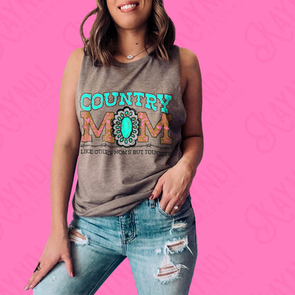 a woman wearing a shirt that says country mom