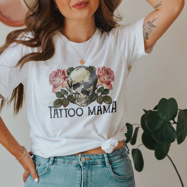 Tattoo Mama Sublimation Design PNG Digital Download Printable Skull Vintage Roses Flowers Floral Rocker Edgy Grunge Distressed