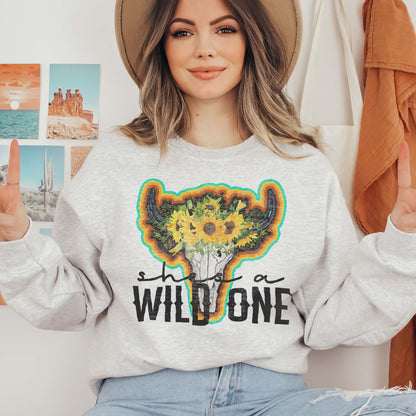 She's a Wild One Sublimation Design PNG Digital Download Printable Country Western Cow Bull Steer Skull Horns Sunflower Floral Retro South